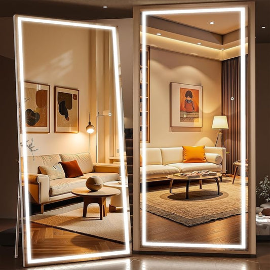 Full Length Mirror with Lights, 95" x 40" Large LED Lighted Floor Standing Body Mirror, Dimmable & 3 Color Lighting for Home Gym, Cloakroom, Living Room, Leaning & Hanging, Square Black