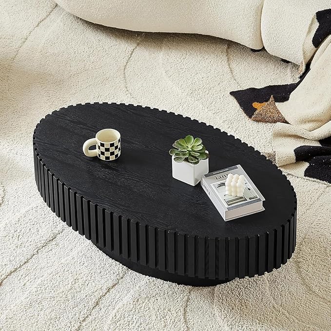 Oval Coffee Table for Living Room, 43.3'' Modern Handcraft Drum Coffee Table Unique Fluted Coffee Tables Wood Center Table End Table for Small Space, Farmhouse Apartment Office (Oval Black)