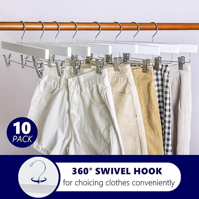 Amber Home 10 Pack White Wooden Pants Hangers with 2-Adjustable Clips for Jeans, Slacks, Shorts