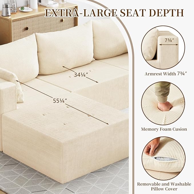 Cloud Boneless Sectional Sofa, Modular Sofa with Deep Seat, Modern Upholstered Couch with Chaise Lounge, Fluffy Comfy L-Shape Sectional Couch for Living Room, Black