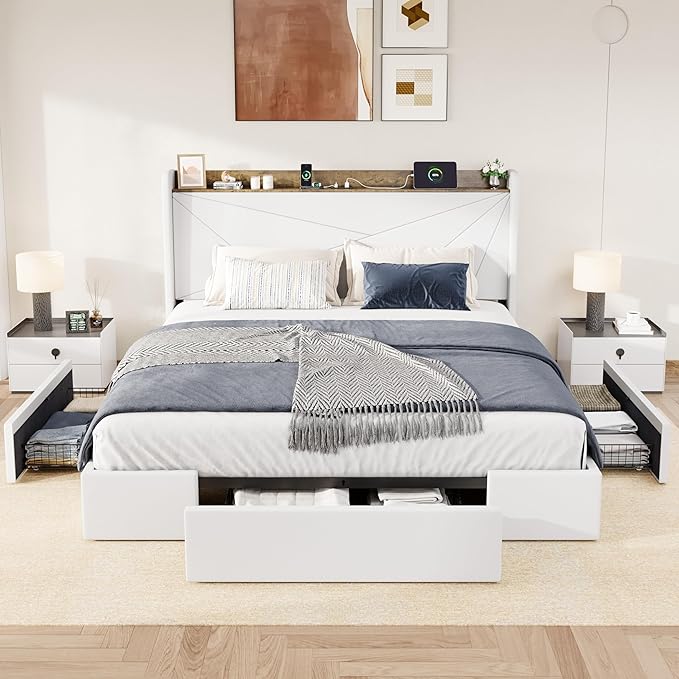 Allewie King Size Velvet Bed Frame with 3 Storage Drawers, Upholstered Platform Bed with Wingback Storage Headboard and USB Ports, No Box Spring Needed, Easy Assembly, White