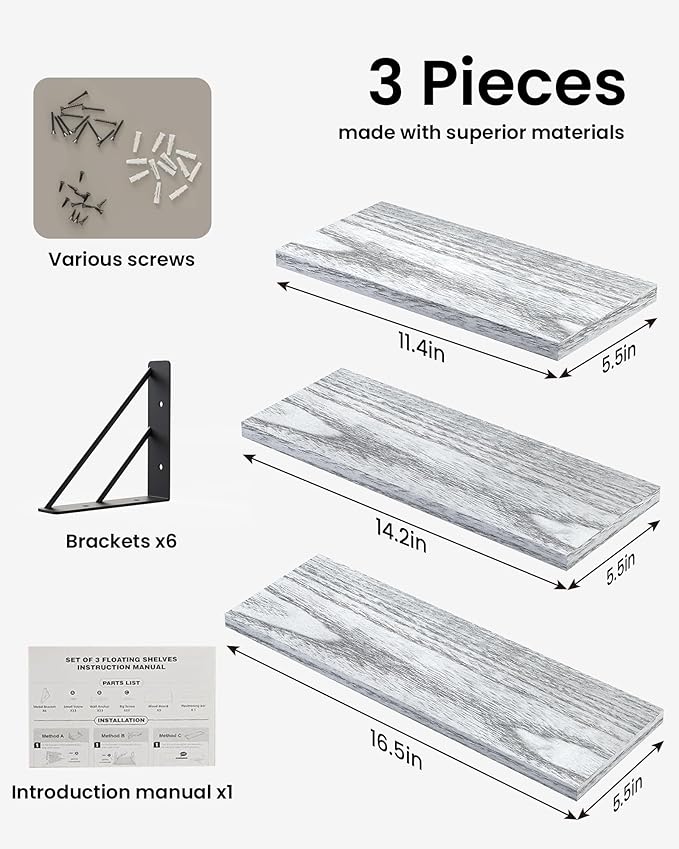 BAYKA Wall Shelves for Bedroom Decor, Floating Wall Shelves for Living Room Kitchen Storage, Mounted Rustic Wood Floating Shelves for Kids Books,Corner Shelves for Bathroom(Gray White，Set of 3)