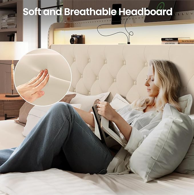 LARMACE Queen Size Bed Frame with 4 Storage Drawers and Charging Station, Velvet Upholstered Platform Bed Frame with LED Headboard, Noise Free, Easy Assembly, Beige