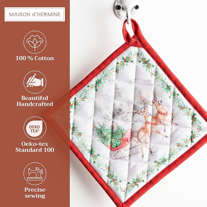 Maison d' Hermine Pot Holders 100% Cotton Heat Resistant Potholders 8" x 8" Hot Pads with Loop for Thanksgiving Christmas Decorations BBQ Cooking Handling Hot Pans (Pack of 1, Christmas Tradition)