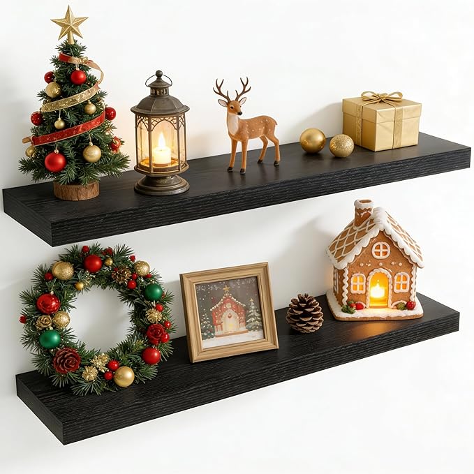 40 Inch Floating Shelves for Wall, 8 Inch Deep Floating Shelf for Storage & Display, Rustic Wall Mounted Shelf with Invisible Brackets for Living Room, Kitchen, Bathroom, Home Decor, Set of 2, Black