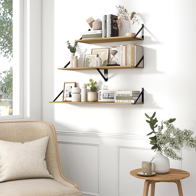 Fun Memories Deep Floating Shelves for Wall, 16W x 8D Wall Mounted Shelves Set of 2, Wide Display Ledge Shelf with Sturdy Metal Brackets for Living Room, Bathroom, Bedroom and Kitchen, Oak