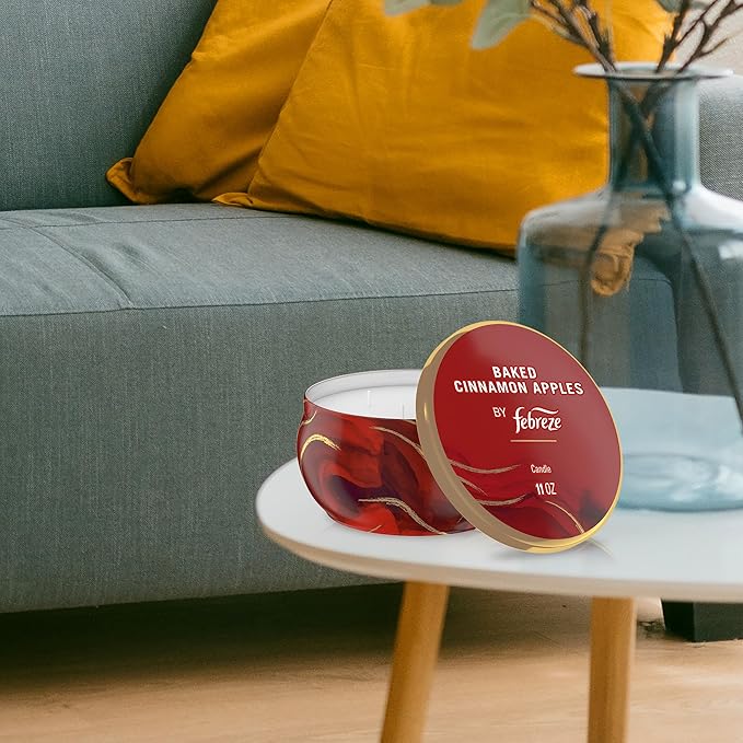 Febreze Scented Candle, Baked Cinnamon Apples Scent, 4 Wick Candle, Reusable Tin, Long Lasting Even Burn, Giftable for Holidays, 11oz, Single Pack