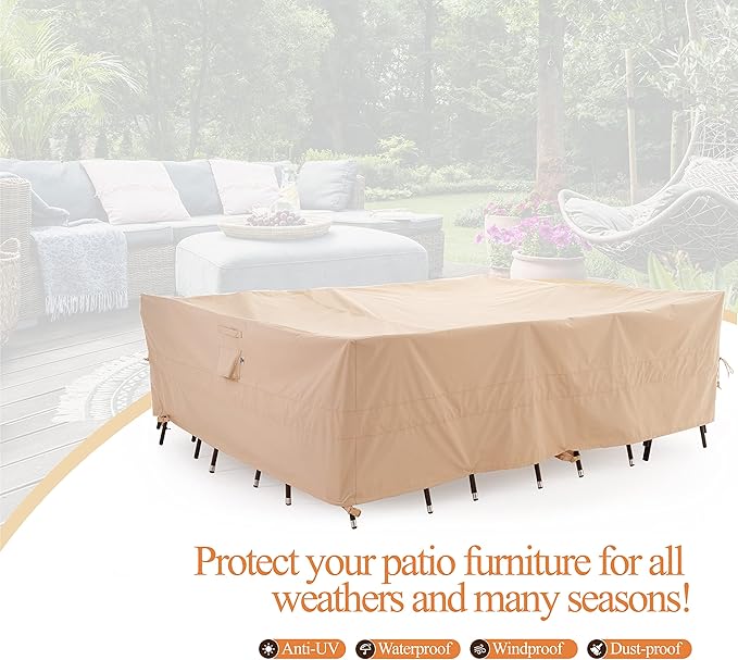 WJ-X3 Large Rectangular Beige Heavy-Duty Patio Table Cover, 136x88x36in - Wind-Resistant, Waterproof, Anti-Fade - Perfect for Outdoor Sectional Furniture Sets