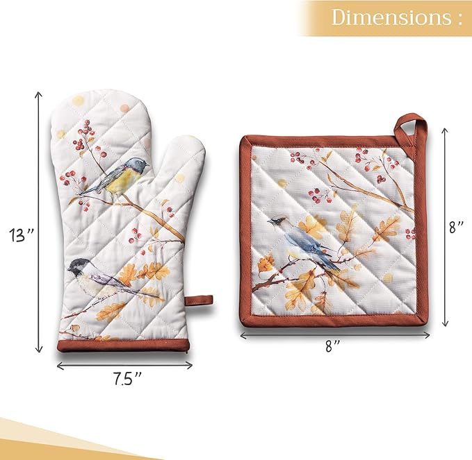 Maison d' Hermine 100% Cotton Oven Mitt & Pot Holder Set (7.5"x13" & 8"x8") Heat Resistant BBQ Cooking Gloves with Loop for Thanksgiving Christmas Decorations Handling Hot Pans (Oak Leaves)