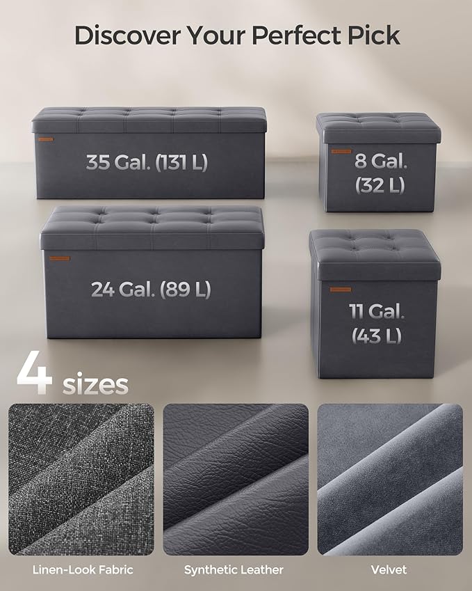 SONGMICS Mazie Collection - 43 Inches Folding Storage Ottoman Bench, Ottoman with Storage, Foot Rest Stool, Load 660 lb, for Living Room, Synthetic Leather, Dark Gray ULSF070G01