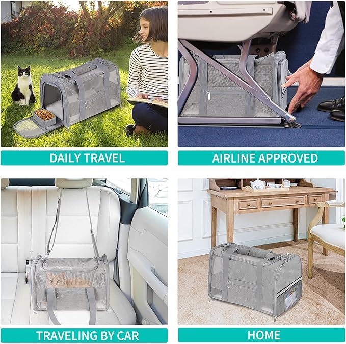 Cat Carrier Pet Carrier for Small Dogs Cats Puppies Under 15 Lbs, TSA Airline Approved Carrier Bag Soft Sided Dog Travel Carriers, Cat Carriers with Reflective Strip, Grey