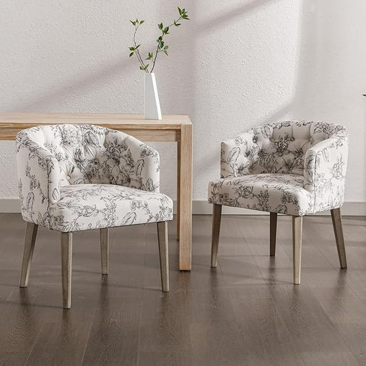 DUOMAY Modern Tufted Dining Chairs Set of 2, Linen Upholstered Side Chair, Comfy Accent Barrel Chair with Wood Legs for Home Kitchen Dining Room Living Room Restaurant, Beige Flower Pattern