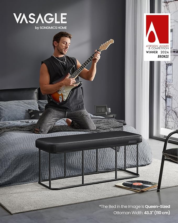 VASAGLE EKHO Collection - Storage Bench for Entryway, Ottoman Bench with Steel Frame, 43.3-Inch Wide, Synthetic Leather, Living Dining Room, Mid-Century Modern, Loads 660 lb, Ink Black ULOM085B01