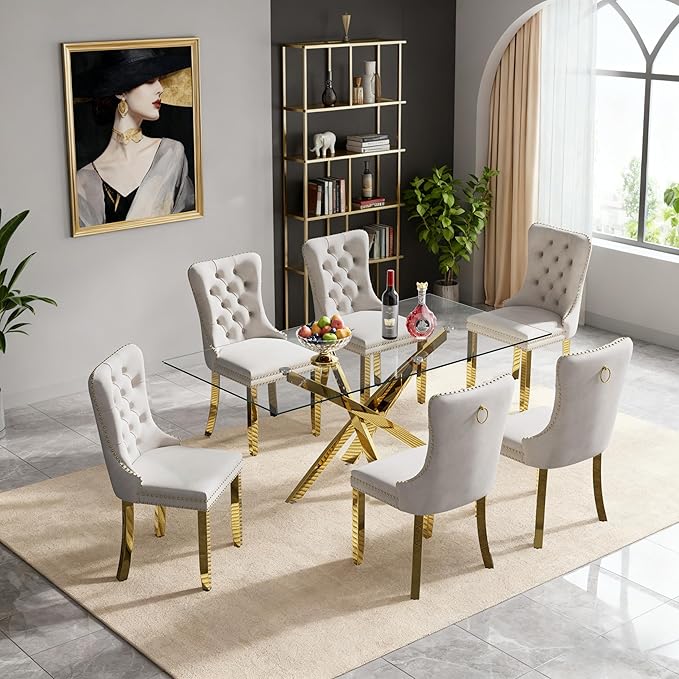Goujxcy 51" Glass Dining Table Set for 6, Modern Kitchen Table and Chairs Set w/Steel Legs, 7-Piece Dining Table Set w/Glass Gold Dining Table and 6 Beige Velvet Chairs for Kitchen Dining Room