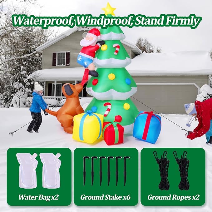 7.5FT Christmas Inflatable Outdoor Decoration Christmas Tree Christmas Dog Santa with 3 Gift Boxes Build-in Colorful LED Lights, Blow up Christmas Tree Decorations for Holiday Xmas Yard Patio Lawn