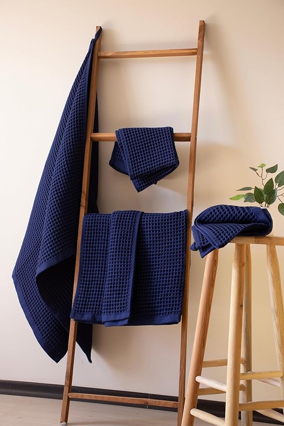 Püskül - Luxury Waffle Towel Set for Bathroom 4 Pieces Navy Blue, Premium Quality Organic 100% Turkish Cotton 2 Hand and 2 Bath Towels Sets, Quick Dry Thin Waffle Towels, Made in Turkiye (Navy Blue)