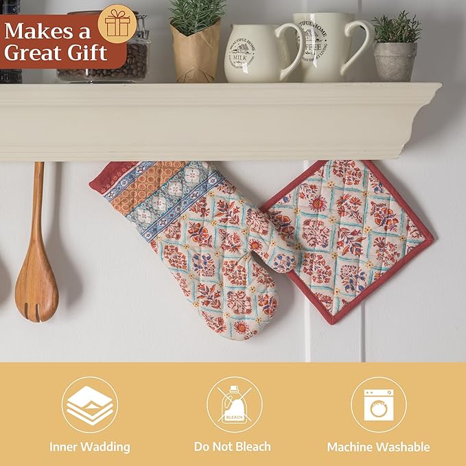 Maison d' Hermine Oven Gloves 100% Cotton Oven Mitt 7" x 13" with Loop Heat Resistant BBQ Cooking Gloves for Thanksgiving Christmas Decorations Baking Handling Hot Pans (Pack of 1, Romane)