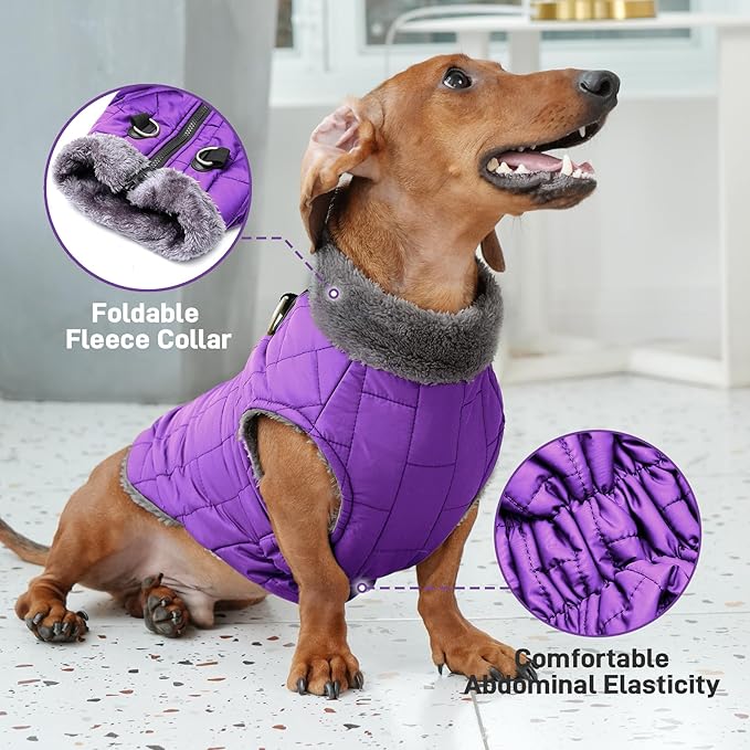 Warm Fleece Dog Coats with Durable Harness Buitl in D-Ring,Waterproof Doggie Jacket for Large Dogs,Dog Vest for Cold Winter,Purple XXXL