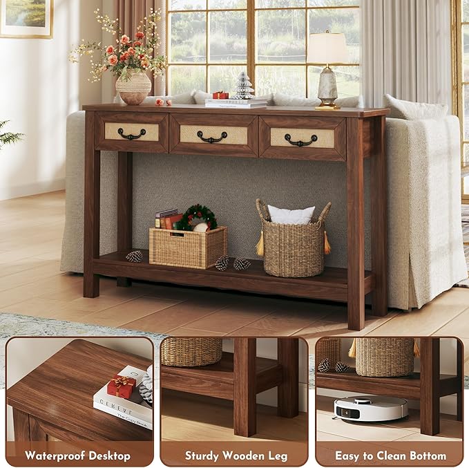 47.2" Console Table with 3 Rattan Drawers, Long Sofa Table with Storage Behind Couch, Farmhouse Entryway Table with Power Outlet & Open Storage for Entrance/Hallway/Foyer/Living Room, Walnut