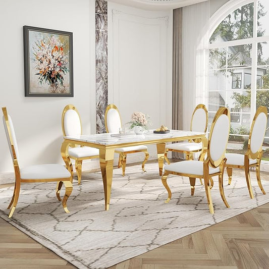7-Piece Dining Table Set for 6, Faux Marble Modern Dining Table Set with 6 Big Oval Backrest Chairs, 70“ Stainless Steel Legs Table & Chair Set for Kitchen, Dining Room, White & Gold