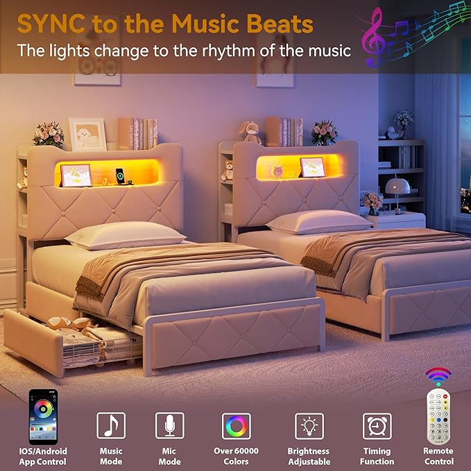 Twin Upholstered LED Bed Frame with 2 Storage Drawers and 2-Tier Storage Bookcase Headboard, Velvet Princess Platform Bed for Kids/Girls/Boys, Heavy Duty Metal Support, No Box Spring Needed, Beige