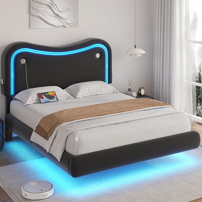 Queen Size Floating Bed Frame with LED Lights, Velvet Upholstered Headboard Bed Frame, Rounded Corners, Charging Station, No Box Spring Needed, Easy Assembly, Black