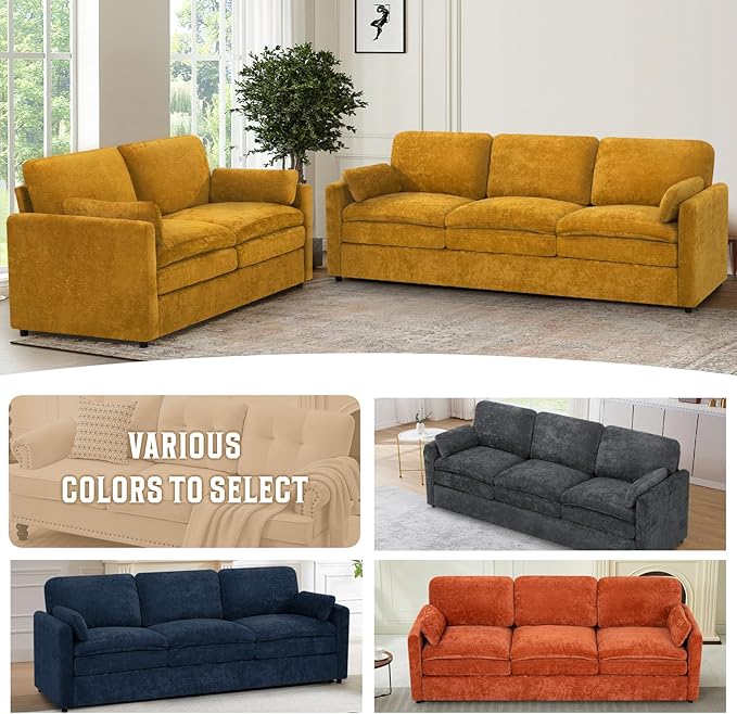 89" Chenille Modern Couch with Cozy & Soft Backrests, 3 Seats Sofa with 2 Extra Pillows, Comfy Upholstered Sofa with Thicker Cushions for Living Room, Office,Yellow