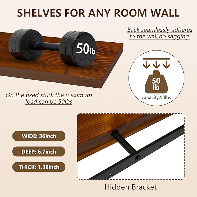 foxsky 36 Inch Solid Pine Wood Floating Shelves for Wall with Hidden Brackets, Rustic Farmhouse Wall Mounted Shelf for Bathroom, Living Room, Bedroom, Kitchen, Office Decor (Honey Oak)
