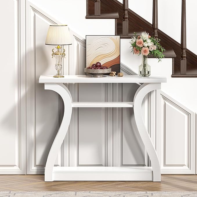 Wooden Console Table with Curved Legs and Shelf, 3-Tier Modern Accent Sofa Table for Entrance Area, Living Room, Hallway, 47 in Wide (White)