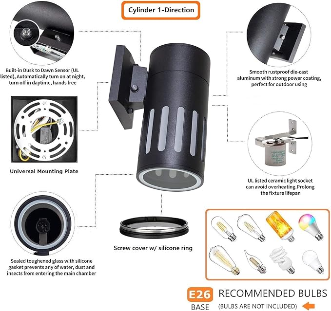 Dusk to Dawn Sensor Outdoor Wall Sconce, Exterior Lighting -ETL Listed, Aluminum Anti-Rust Waterproof Wall Mount Cylinder Light, 1-Direction Up or Down Light Fixture for Porch,Patio or Doorway