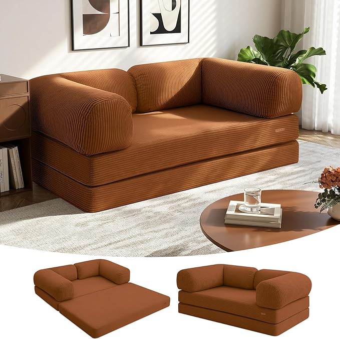 COMAX Futon Sofa Bed, 4-in-1 Floor Foldable Sofa Couch Bed Queen with L-Shaped Armrests, Convertible Folding Chair Bed Corduroy Sleeper Mattress Fold Out Comfy Lounge for Living Room, Orange
