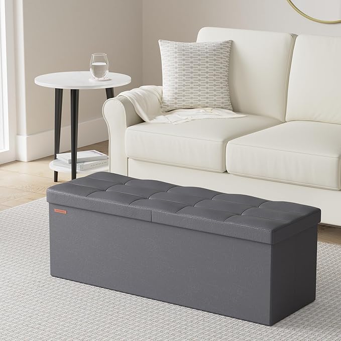 SONGMICS MAZIE Collection - 43 Inches Storage Ottoman Bench with Flipping Lid, Storage Chest with Iron Frame Support, Load 660 lb, for Living Room, Bedroom, Synthetic Leather, Dark Gray ULSF075G01