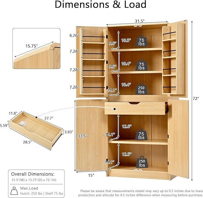 Merax 72" Tall Farmhouse Kitchen Pantry Cabinet with 8 Door Shelves, Curved Design Storage Cabinet with 3 Adjustable Shelves, Hidden Drawer, Versatile Cupboard for Kitchen, Dining & Bathroom, Natural