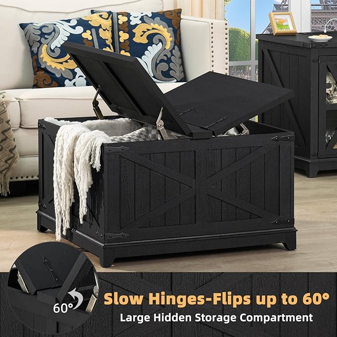 Farmhouse Coffee Table Sets 2 Pieces, Narrow Night Stand with Glass Barn Door Storage, Large Coffee Tables with Hidden Storage Organizer, Wood Furniture Sets for Living Room, Office, Black