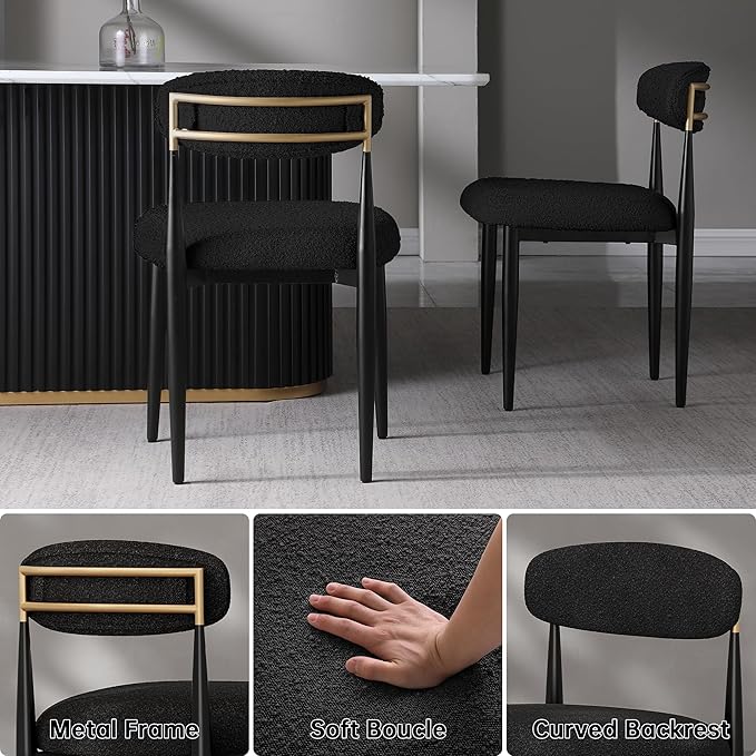 Morden Fort Black Dining Chairs Set of 6, Boucle Upholstered Chairs with Curved Backrest and Metal Legs for Dining Room, Kitchen and Apartment