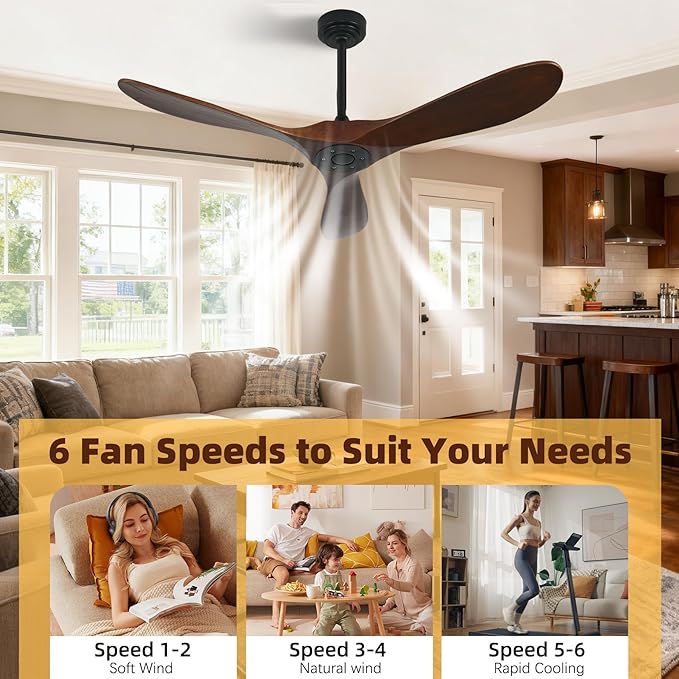 Smart Ceiling Fan no Light, 52 Inch Outdoor Ceiling Fan Without Light, Compatible with Alexa/Google/App, 3 Solid Wood Blades, Modern Wood Fan for Patio, Bedroom, Living Room,Dark Walnut