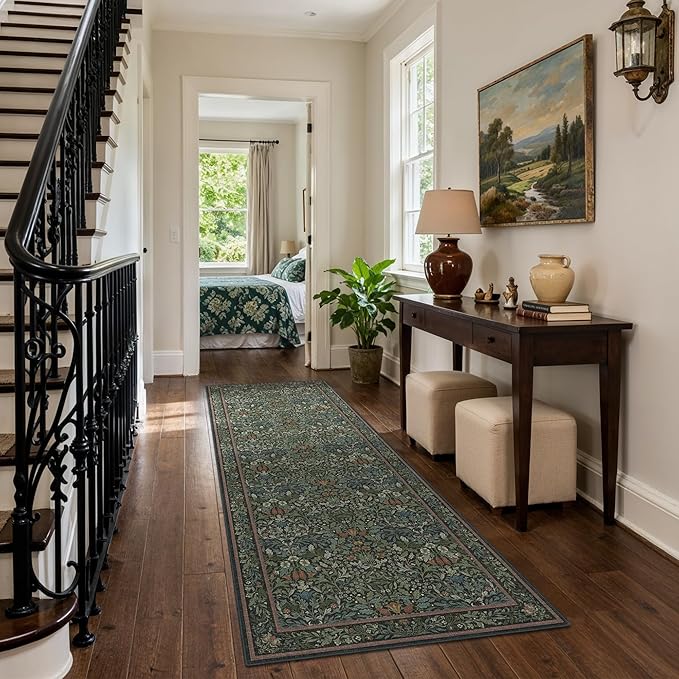 GENIMO Floral Washable Runner Rug 2’6”x8’, Non-Slip Long Hallway Carpet for Entryway, Kitchen, Indoor Floor Use, Vintage Boho Soft Thin Rug Décor, Dark Green