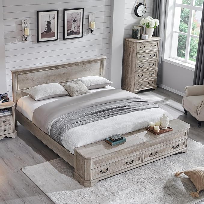 T4TREAM Farmhouse King Bed with Headboard and Storage Bench, Rustic Wood Platform Bed with 80" Storage Chest w/ 4 Large Drawer, Light Rustic Oak