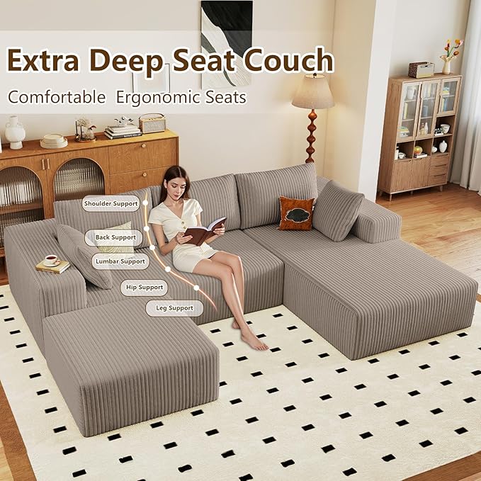 96" U-Shape Cloud Couch, Modern Modular Sectional L-Shape Sofa with Ottoman, Corduroy Upholstered Couches Deep Seat Chaise Longue for Living Room, No Assembly Required(Camel, Right Facing)