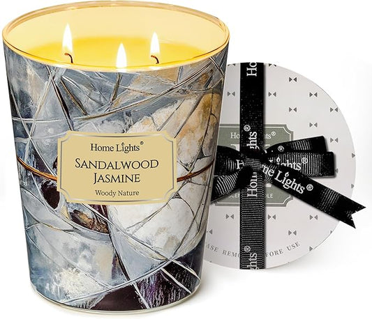 HomeLights Soy Wax Candles for Home Scented, 3-Wick Candles in Sandalwood Jasmine Scented, Industrial Chic Aromatherapy Candles Gift for Parties, Relaxing, 34oz