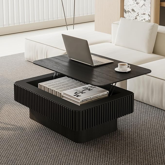 38.6" Lift Top Coffee Table with Storage, Fluted Coffee Table with Solid Wood Veneered, Mid Century Modern Wooden Center Table, Accent Tea Table for Living Room Apartment, Black