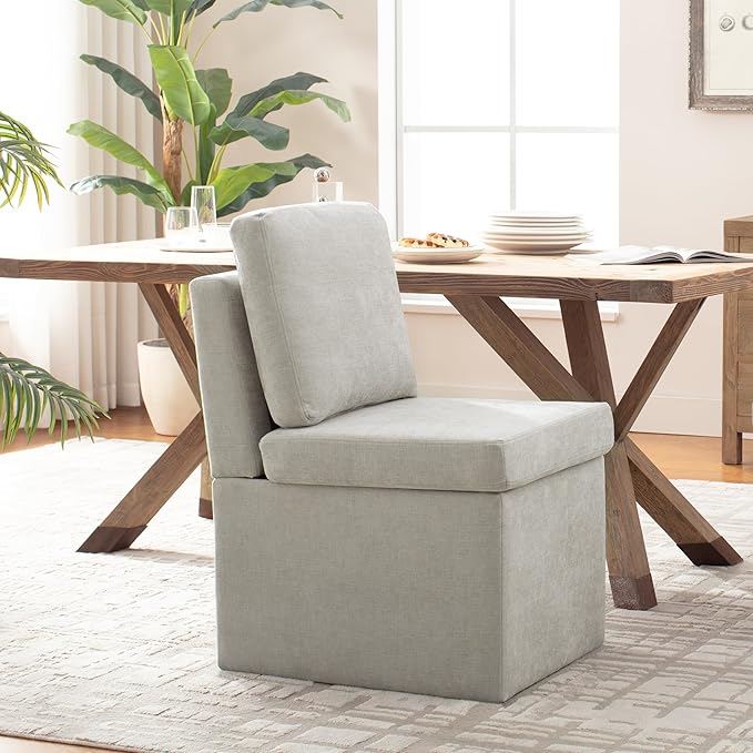 VKNOW Upholstered Dining Chairs, Modern Kitchen Chairs with Storage, Linen Armchair Dining Room Chairs for Kitchen Room (Light Grey, Set of 2)