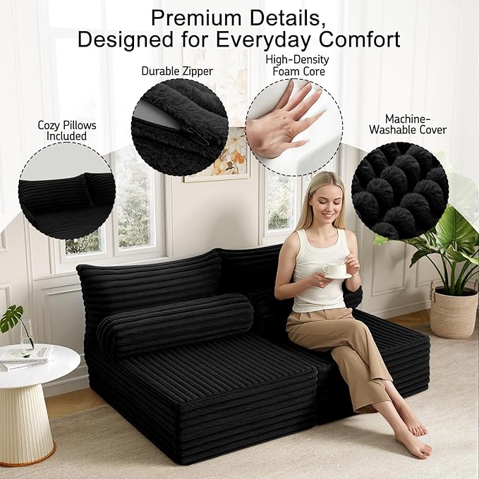MeMoreCool Convertible Sofa Bed, Folding Floor Couch Bed Queen, Pull Out Sleeper Couch with Pillows, Fold Out Futon Sofa for Bedroom Living Room Small Space, Corduroy Black
