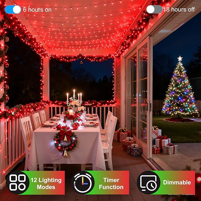 350LED Christmas Lights Indoor Outdoor, 90ft 12 Modes Red LED String Lights with Timer Dimmable, Waterproof Christmas Tree Lights for Xmas Patio Bedroom Yard Fence Balcony Garden Party Decor Red