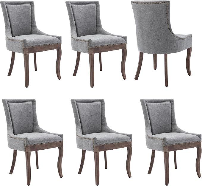 Farmhouse Dining Chairs Set of 6, Upholstered Fabric Dining Room Accent Chairs with Wood Legs & Bronze Nailhead, High Wingback Kitchen Chairs for Living Room Hotel Apartment, Gray