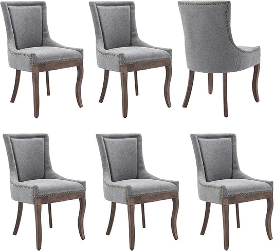 Farmhouse Dining Chairs Set of 6, Upholstered Fabric Dining Room Accent Chairs with Wood Legs & Bronze Nailhead, High Wingback Kitchen Chairs for Living Room Hotel Apartment, Gray