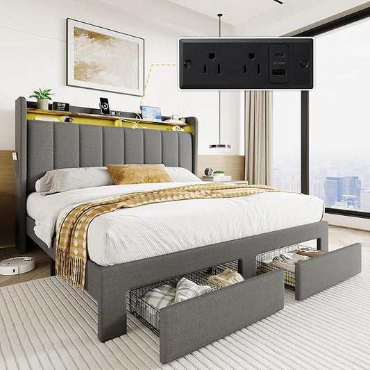 SHA CERLIN Queen Platform Bed Frame with Vertical Channel Tufted Wingback Headboard & 2 Storage Drawers/2-Tier Shelves with LED Lights & Charging Station/Noise-Free/No Box Spring Needed/Dark Grey