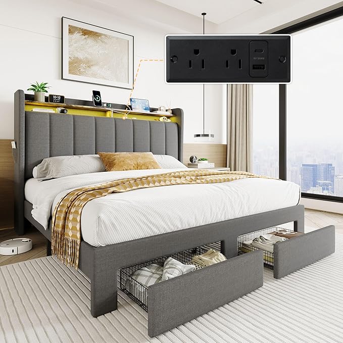 SHA CERLIN Full Size Platform Bed Frame with Vertical Channel Tufted Wingback Headboard & 2 Storage Drawers/2-Tier Shelves with LED Lights & Charging Station/Noise-Free/No Box Spring Needed/Dark Grey