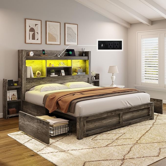 AMERLIFE Queen Bed Frame with 4 Storage Drawers, LED Bed Frame with 49“ Tall Bookcase Headboard, Wood Platform Bed with Charging Station & 2 Slide Bedside Shelf, No Box Spring Needed/Rustic Grey