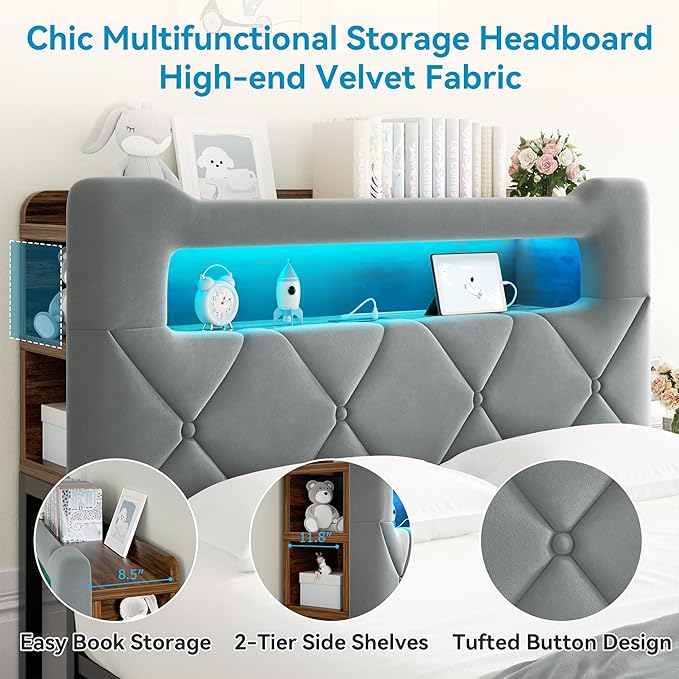Full Upholstered LED Bed Frame with 2 Storage Drawers and 2-Tier Storage Headboard, Velvet Platform Bed with Charging Station & Bookcase, Heavy Duty Metal Support, No Box Spring Needed, Grey